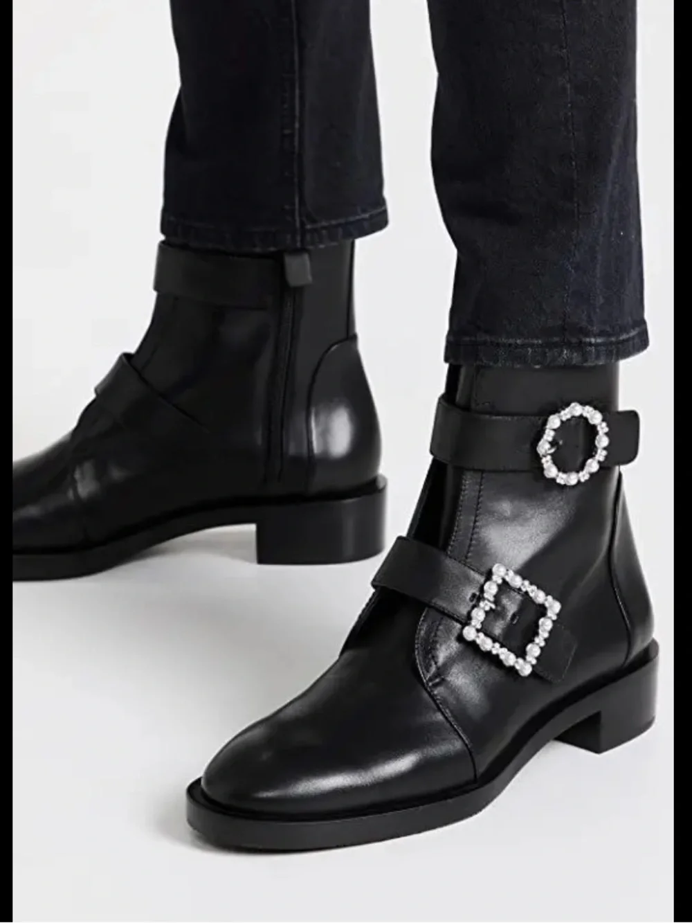 Stuart Weitzman Ryder boots 9 black Geo Buckle Pearl Crystal